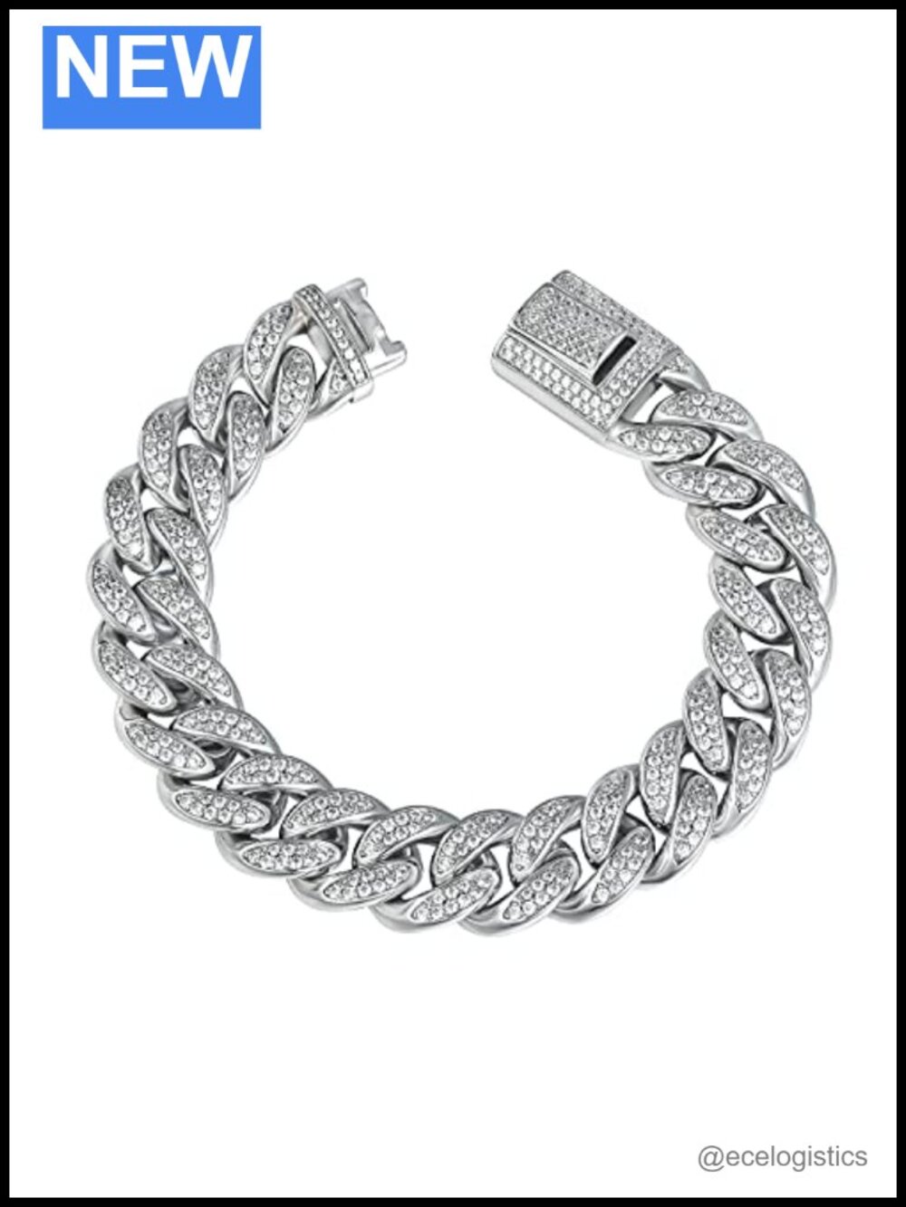 18K White Gold Plated Cuban Link Bracelet Cubic Zirconia Iced Out